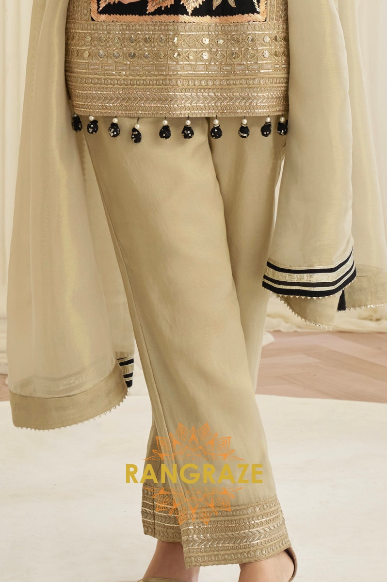 Beige & Black Natural Crepe Silk Embroidered Suit Set