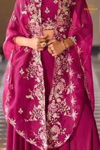 Magenta Pink Botanical Embroidered Shrug with Blouse and Palazzo Suit Set