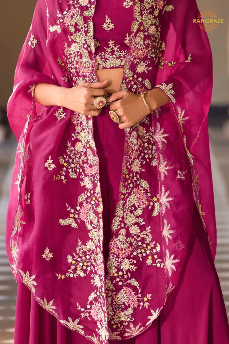 Magenta Pink Botanical Embroidered Shrug with Blouse and Palazzo Suit Set