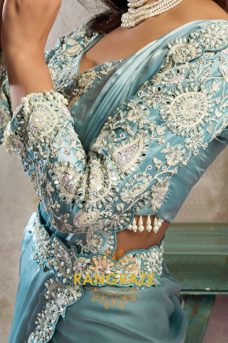 Ice Blue Lustrous Satin One Minute Saree with with Readymade Designer Blouse & Belt