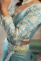 Ice Blue Lustrous Satin One Minute Saree with with Readymade Designer Blouse & Belt