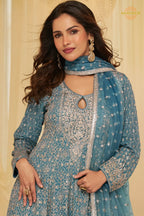 Teal Blue Georgette Anarkali Palazzo Suit Set