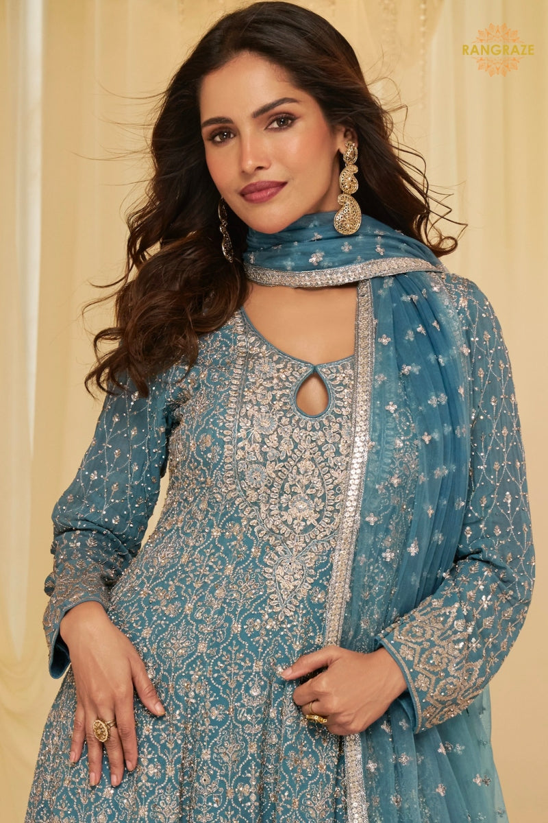 Teal Blue Georgette Anarkali Palazzo Suit Set