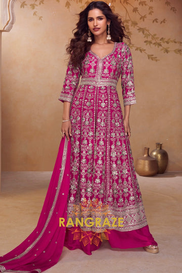 Rani Pink Premium Chinon Embroidered Designer Suit Set