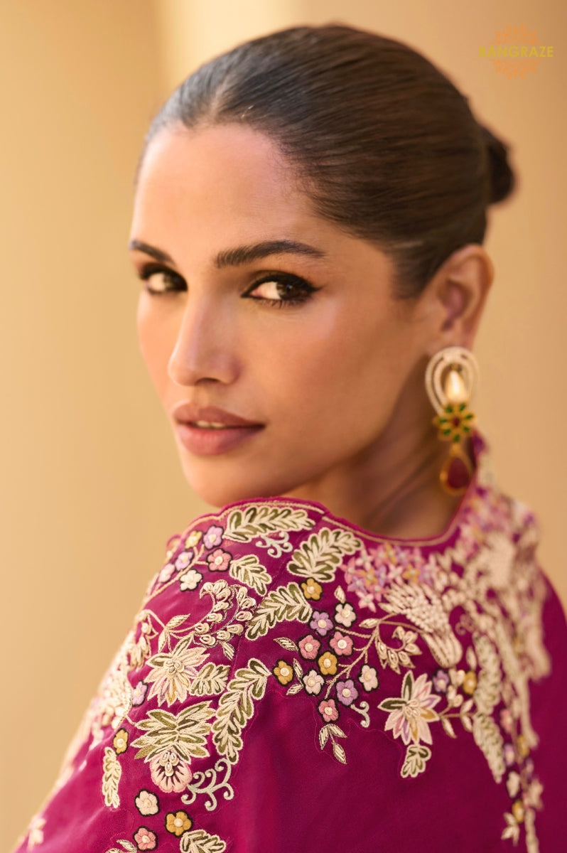 Magenta Pink Botanical Embroidered Shrug with Blouse and Palazzo Suit Set