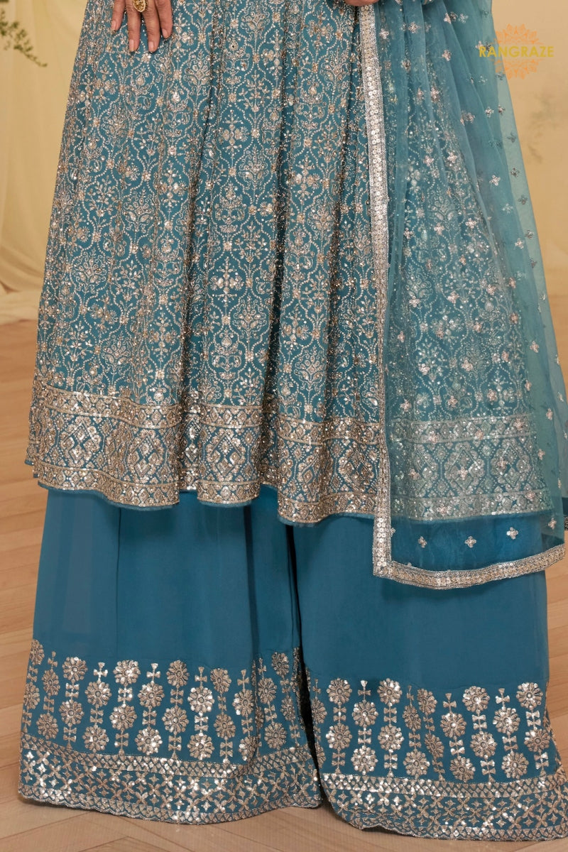 Teal Blue Georgette Anarkali Palazzo Suit Set
