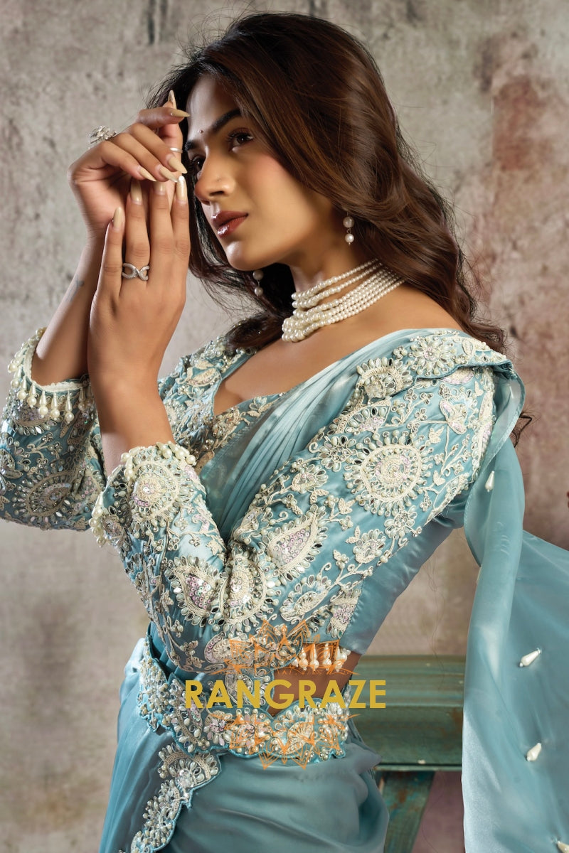 Ice Blue Lustrous Satin One Minute Saree with with Readymade Designer Blouse & Belt