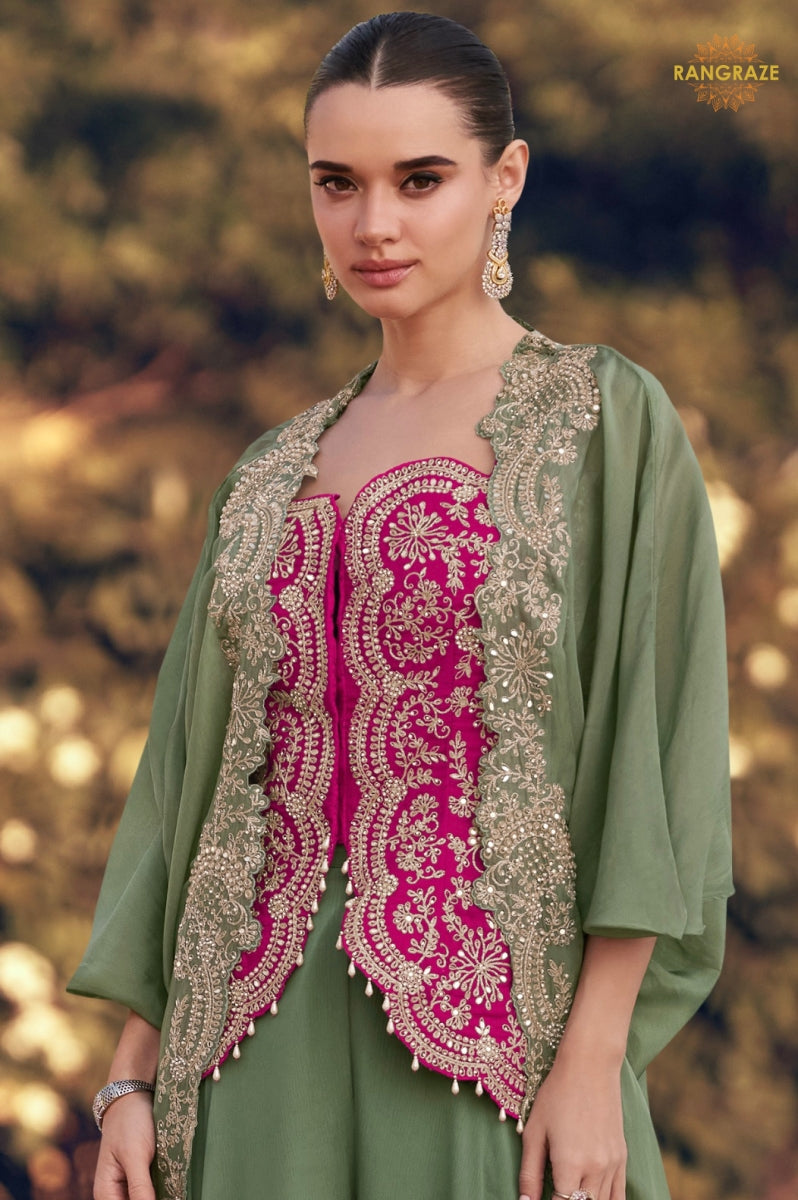 Olive Zaria Chinnon Silk Jacket Suit Set