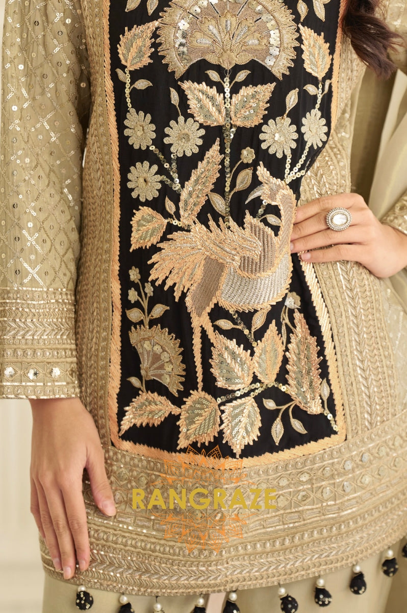 Beige & Black Natural Crepe Silk Embroidered Suit Set
