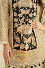 Beige & Black Natural Crepe Silk Embroidered Suit Set