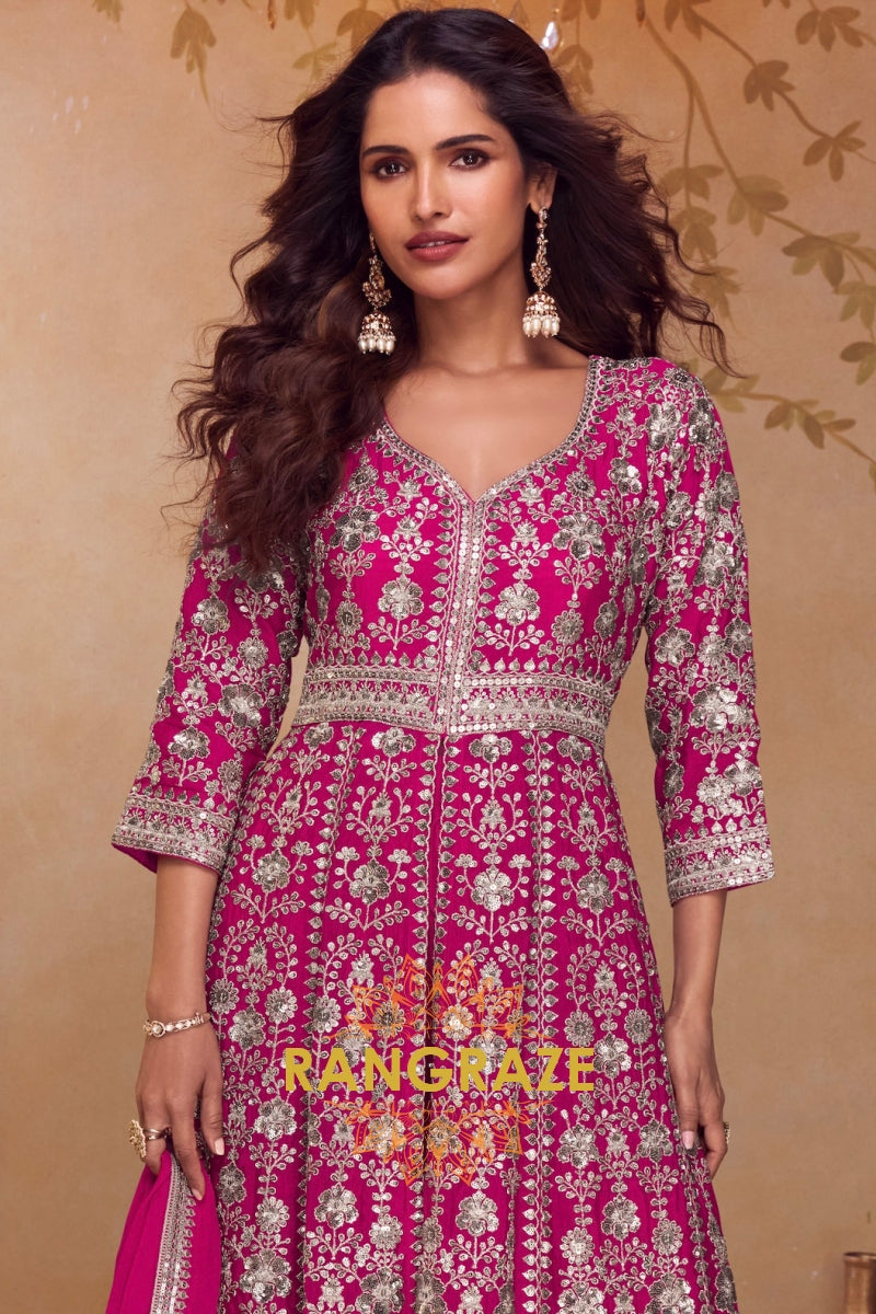 Rani Pink Premium Chinon Embroidered Designer Suit Set