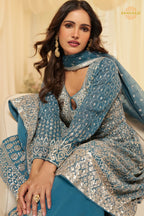 Teal Blue Georgette Anarkali Palazzo Suit Set