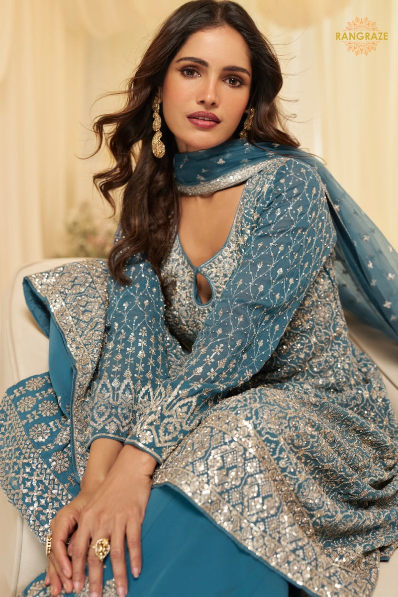 Teal Blue Georgette Anarkali Palazzo Suit Set