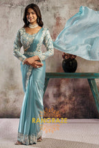Ice Blue Lustrous Satin One Minute Saree with with Readymade Designer Blouse & Belt