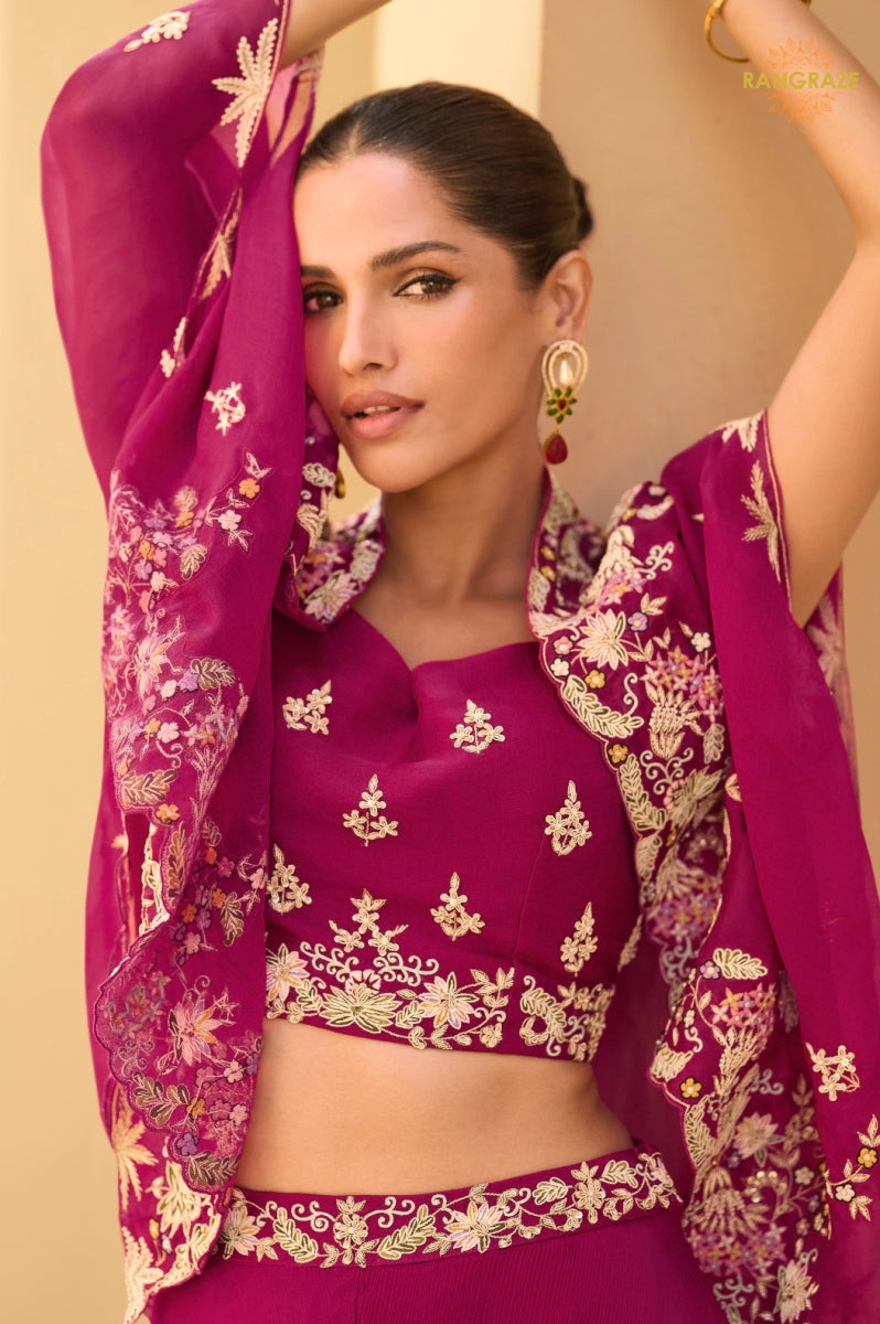 Magenta Pink Botanical Embroidered Shrug with Blouse and Palazzo Suit Set