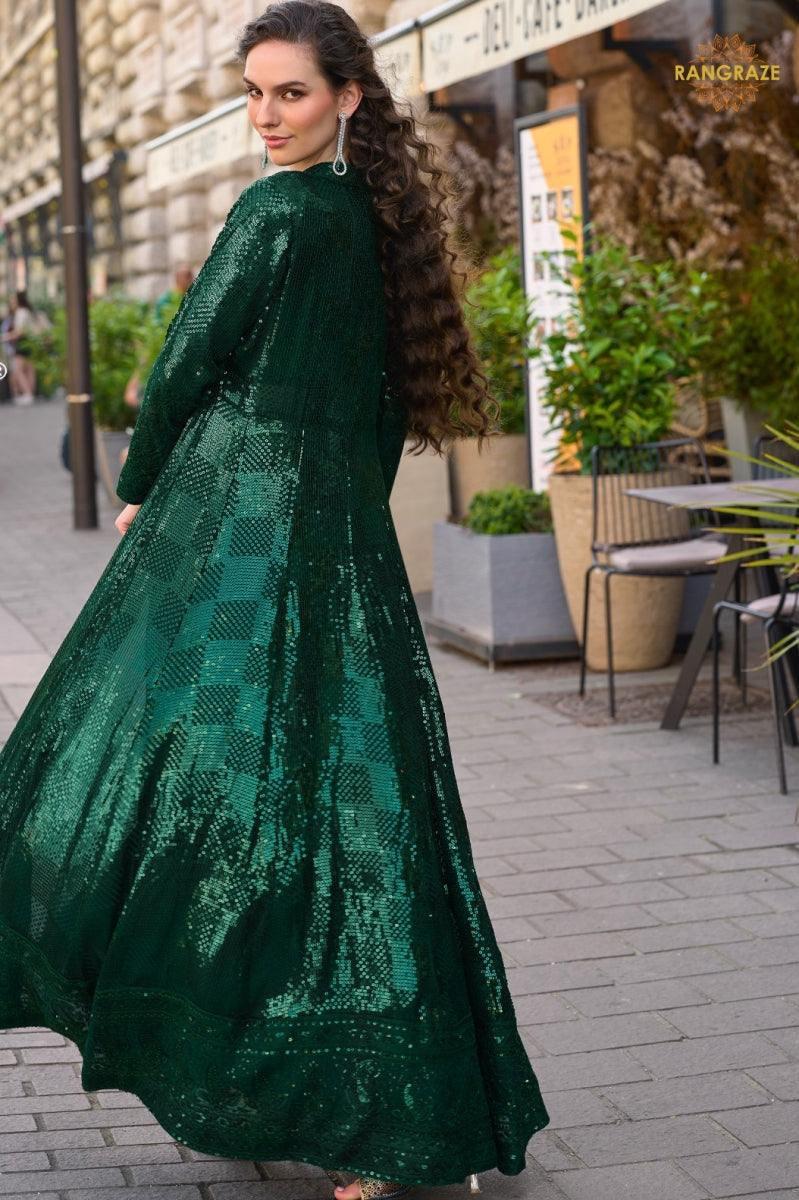 Emerald Green Sequined Georgette Palazzo Suit Set