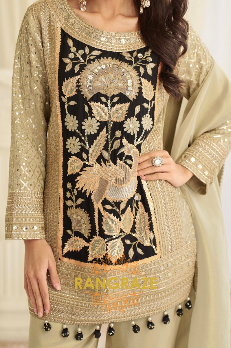 Beige & Black Natural Crepe Silk Embroidered Suit Set