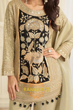 Beige & Black Natural Crepe Silk Embroidered Suit Set