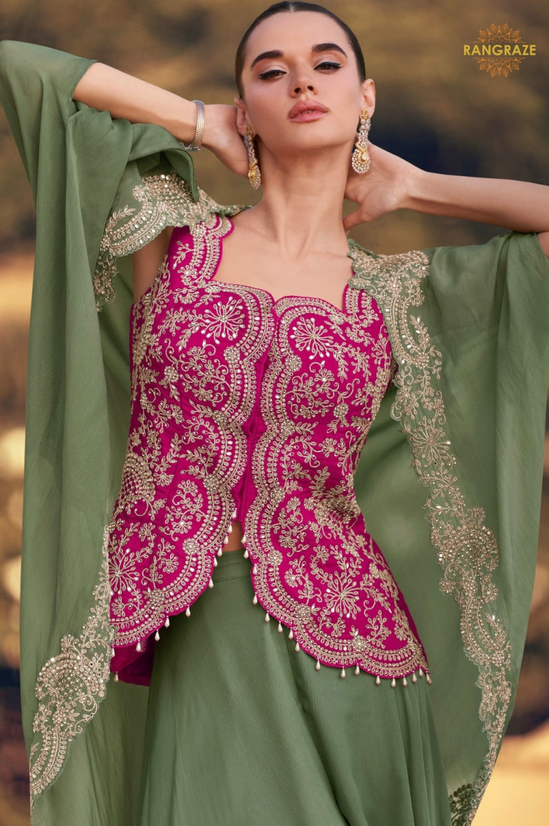 Olive Zaria Chinnon Silk Jacket Suit Set