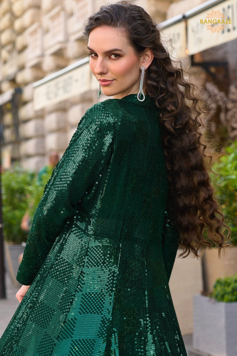 Emerald Green Sequined Georgette Palazzo Suit Set