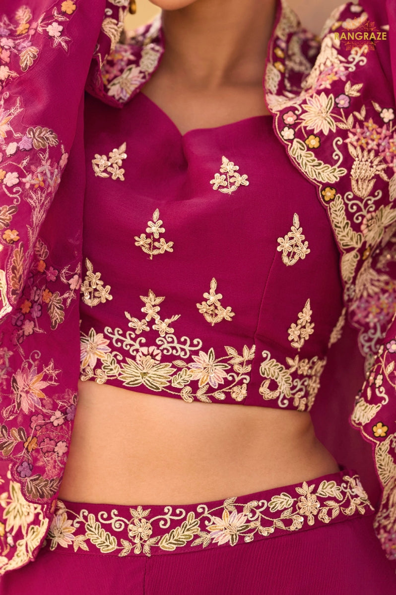 Magenta Pink Botanical Embroidered Shrug with Blouse and Palazzo Suit Set