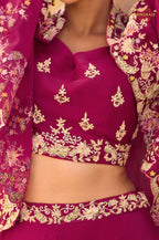 Magenta Pink Botanical Embroidered Shrug with Blouse and Palazzo Suit Set