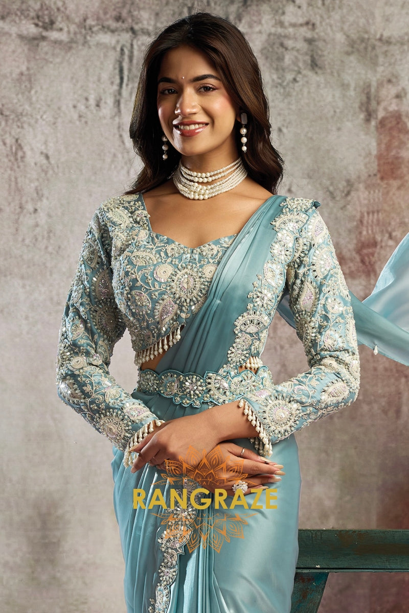 Ice Blue Lustrous Satin One Minute Saree with with Readymade Designer Blouse & Belt