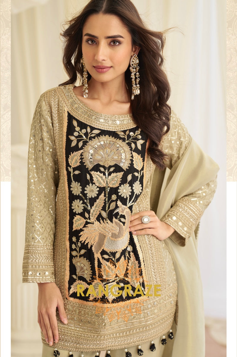 Beige & Black Natural Crepe Silk Embroidered Suit Set