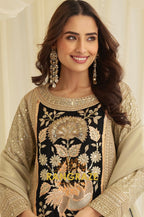 Beige & Black Natural Crepe Silk Embroidered Suit Set