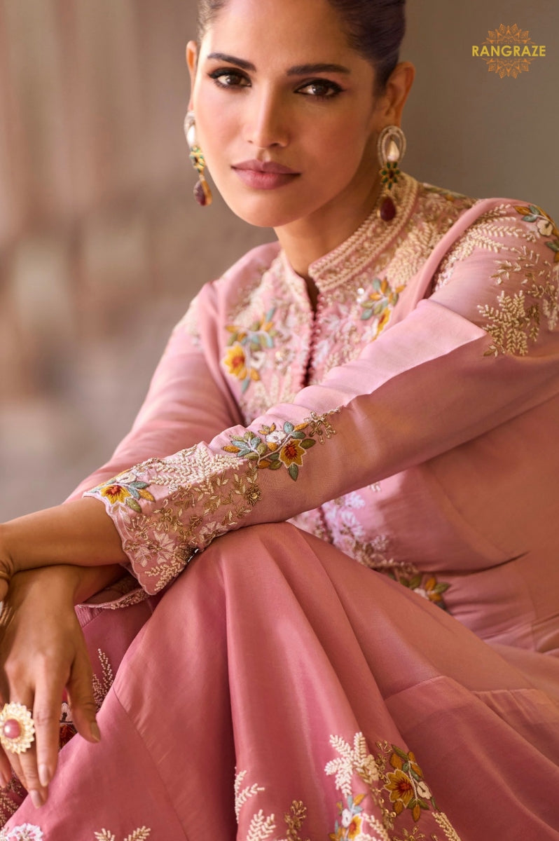 Dusty Rose Silk Embroidered Long Jacket Readymade Suit Set