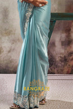 Ice Blue Lustrous Satin One Minute Saree with with Readymade Designer Blouse & Belt