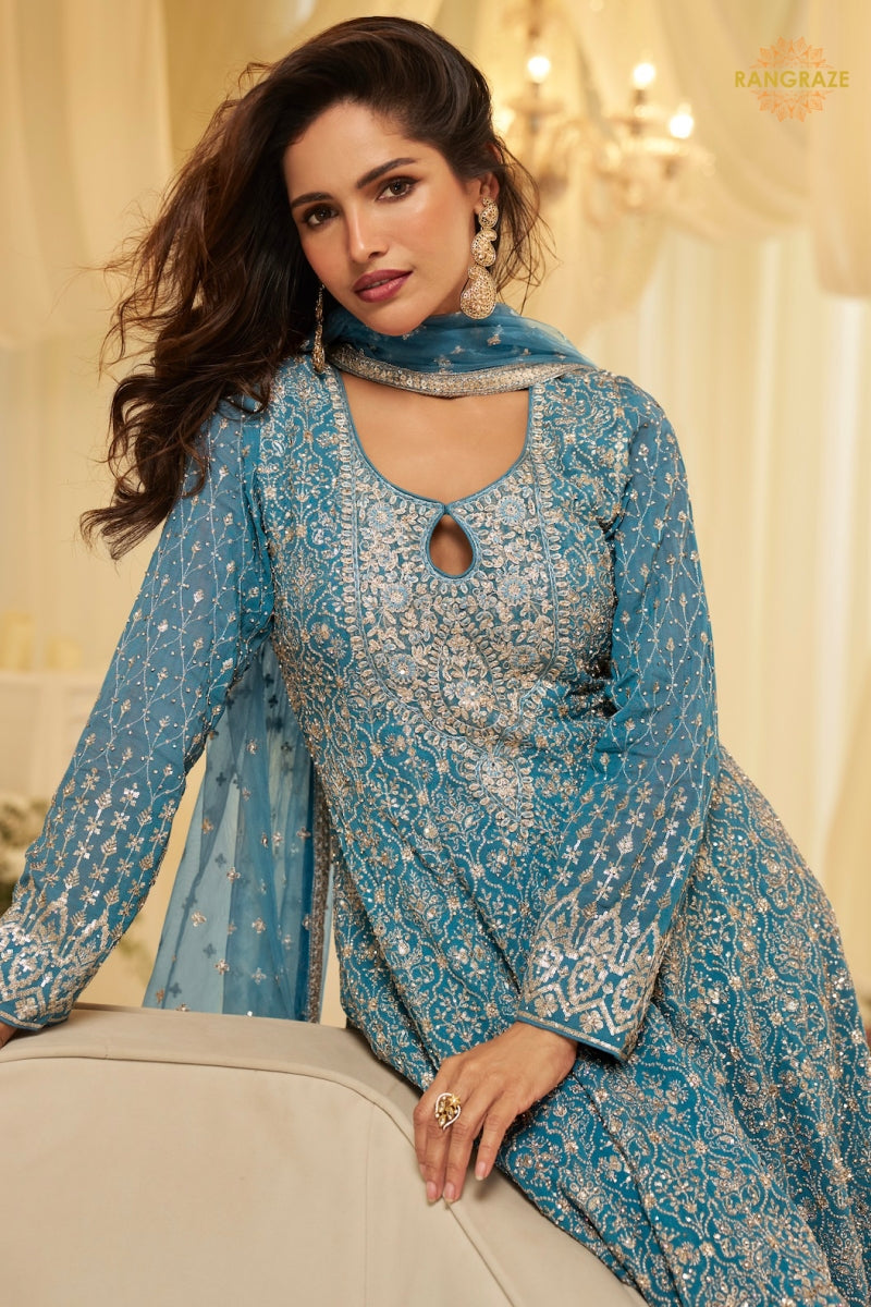 Teal Blue Georgette Anarkali Palazzo Suit Set