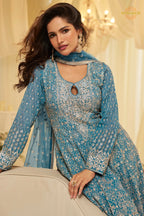 Teal Blue Georgette Anarkali Palazzo Suit Set