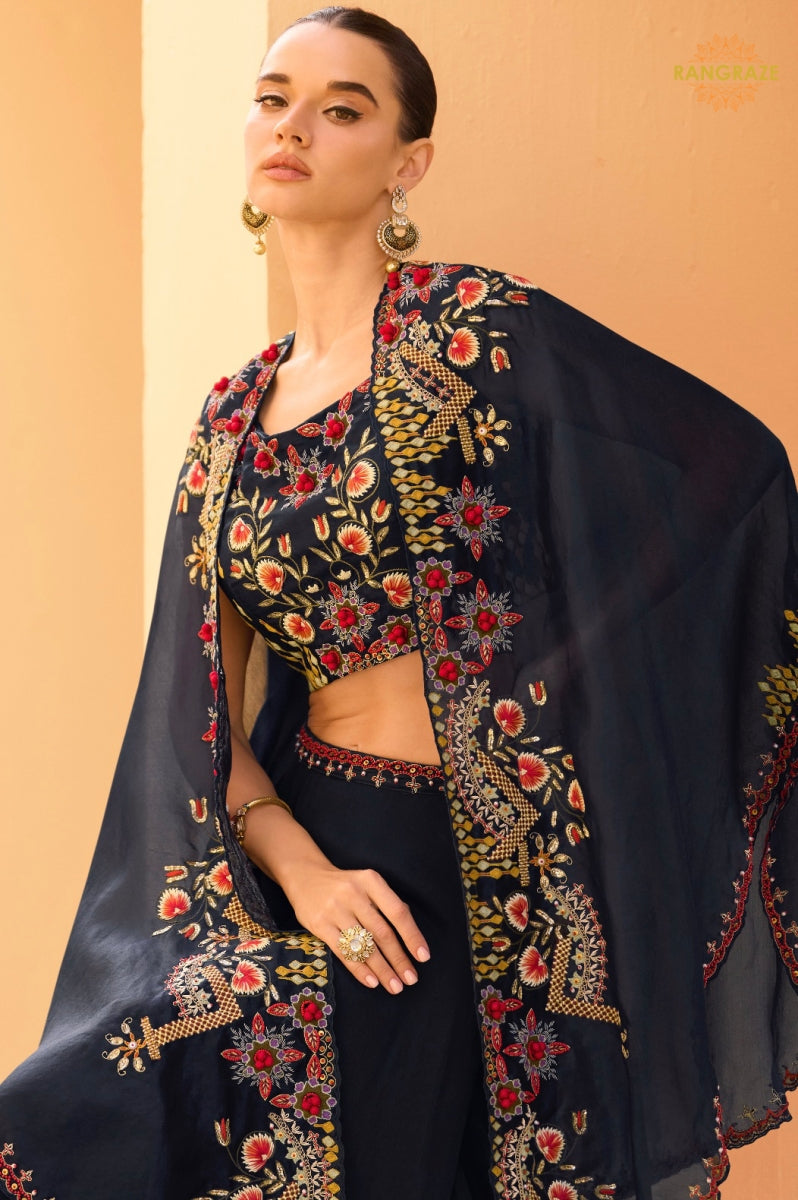 Navy Blue Floral Embroidered Shrug with Blouse and Palazzo Suit Set