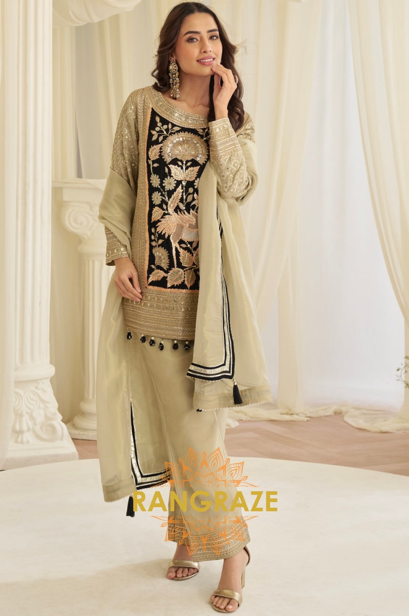 Beige & Black Natural Crepe Silk Embroidered Suit Set