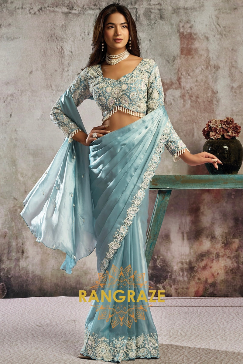 Ice Blue Lustrous Satin One Minute Saree with with Readymade Designer Blouse & Belt