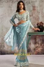 Ice Blue Lustrous Satin One Minute Saree with with Readymade Designer Blouse & Belt
