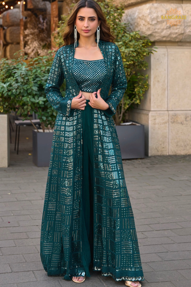 Teal Green Sequined Georgette Palazzo Suit Set