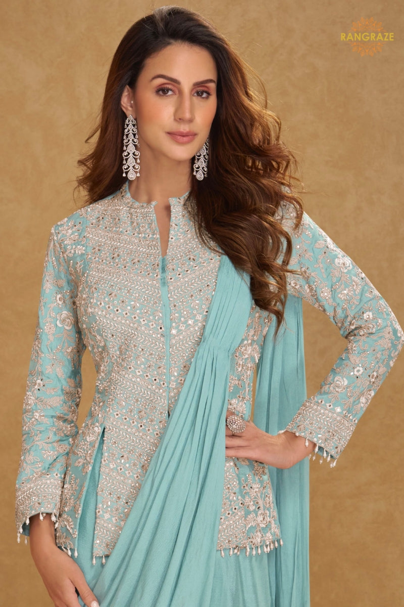 Mint Aura Pure Georgette Saree Style Suit Set with Hand Embroidery