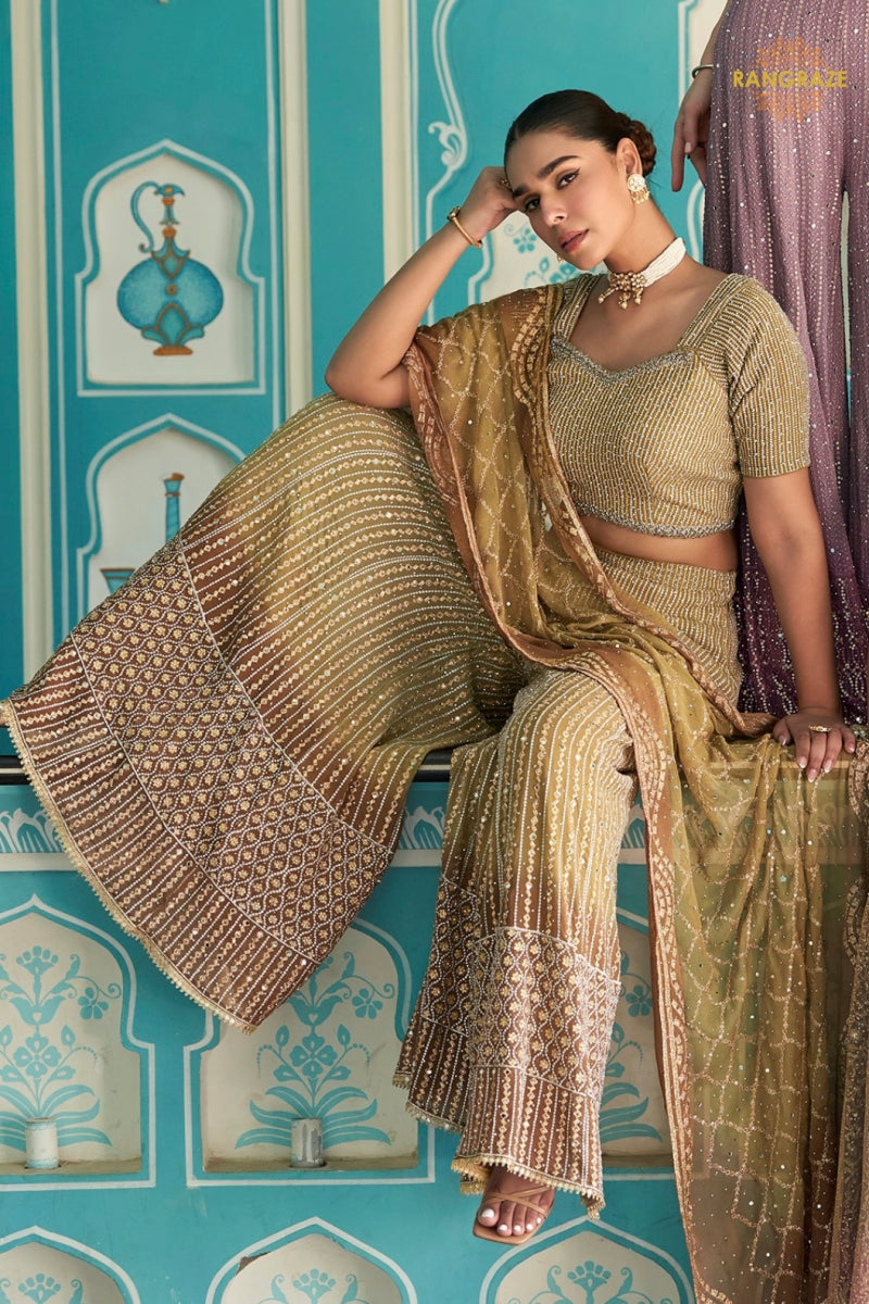 Antique Gold Readymade Georgette Palazzo Suit Set with Dupatta
