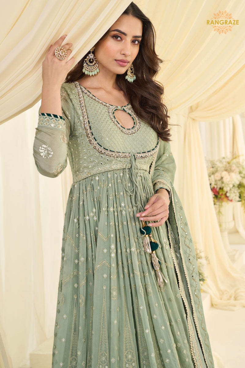 Sage Noor Premium Georgette Anarkali Gown Set