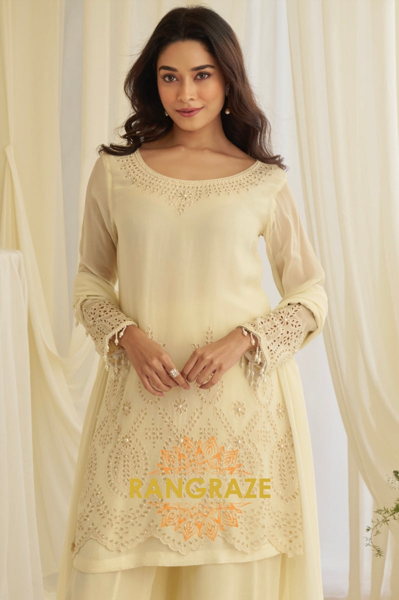 Natural Cream Crepe Silk Embroidered Suit Set