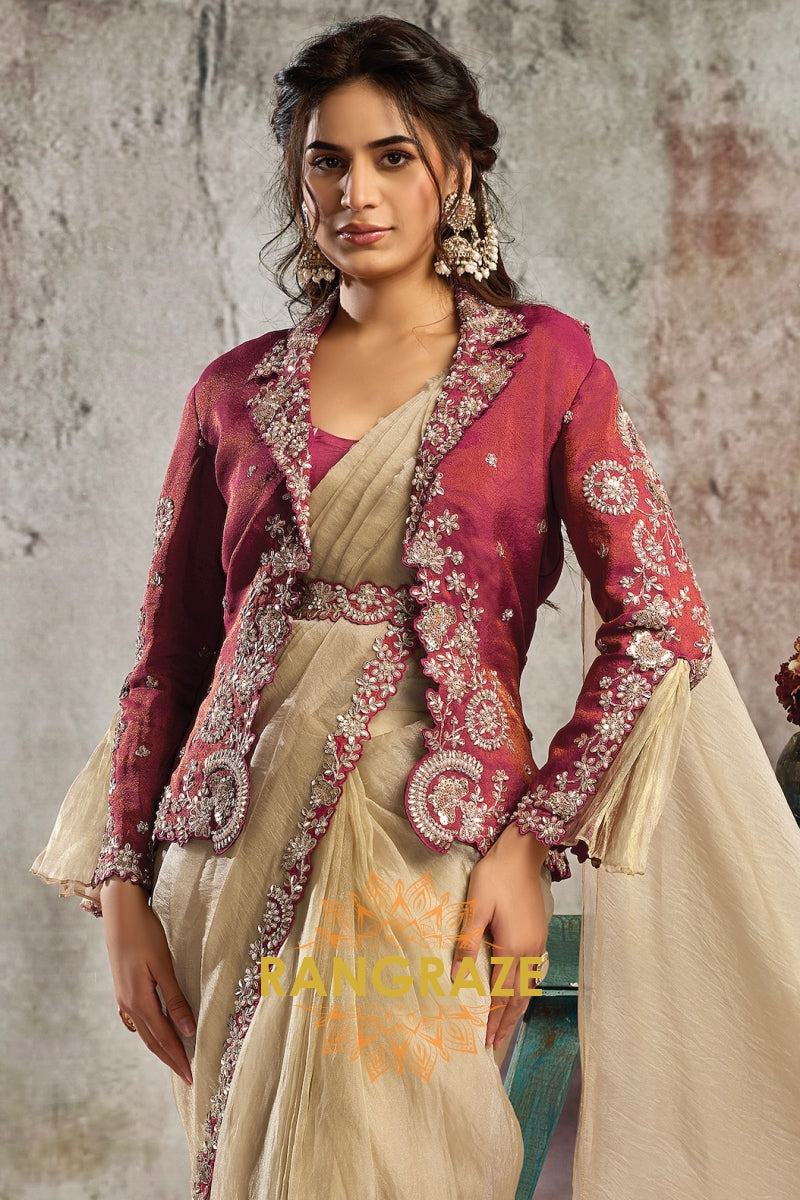 Beige Crystal Organza Satin One Minute Saree with Readymade Embroidered Jacket, Blouse & Belt