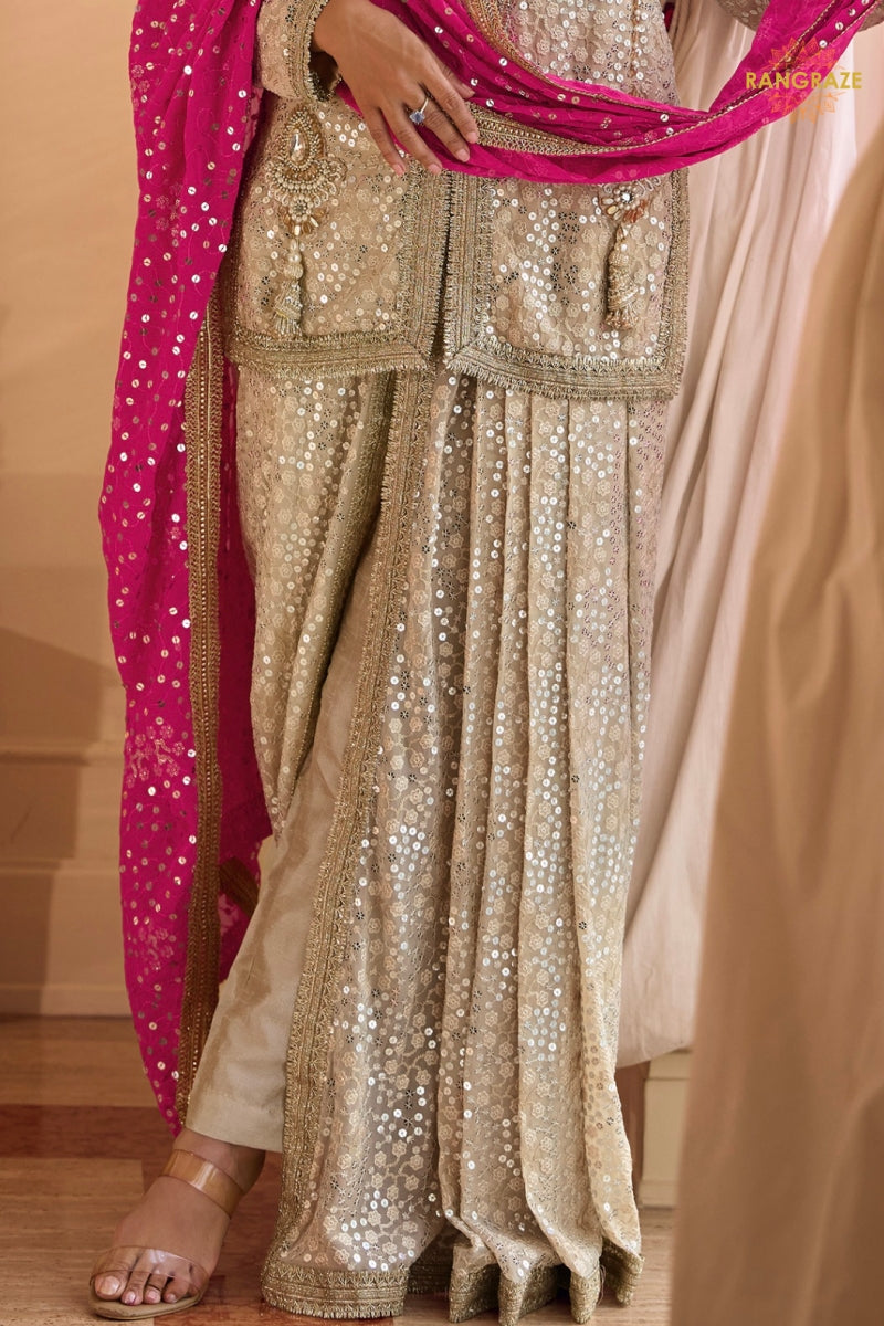 Ivory Gold Sequined Georgette Dhoti Pant Suit Set with Magenta Dupatta
