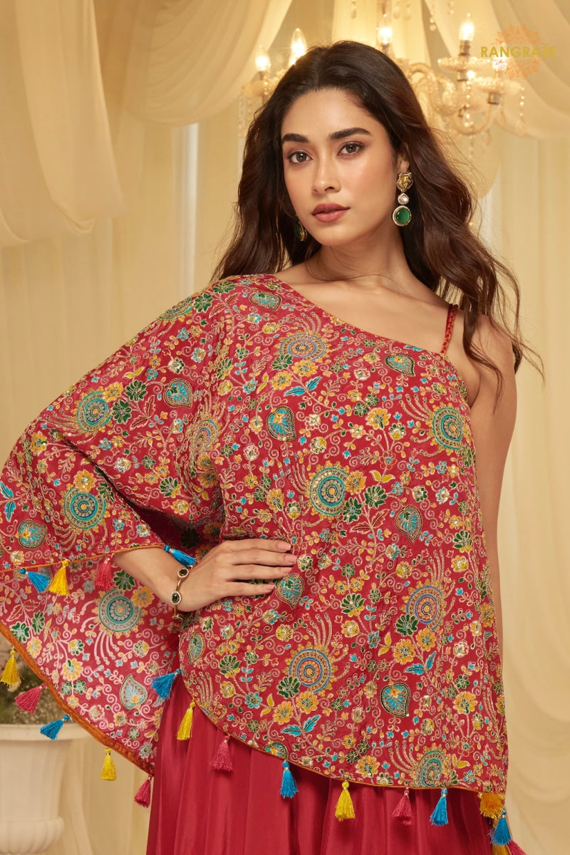 Ruby Folk Crepe Poncho Palazzo Suit Set