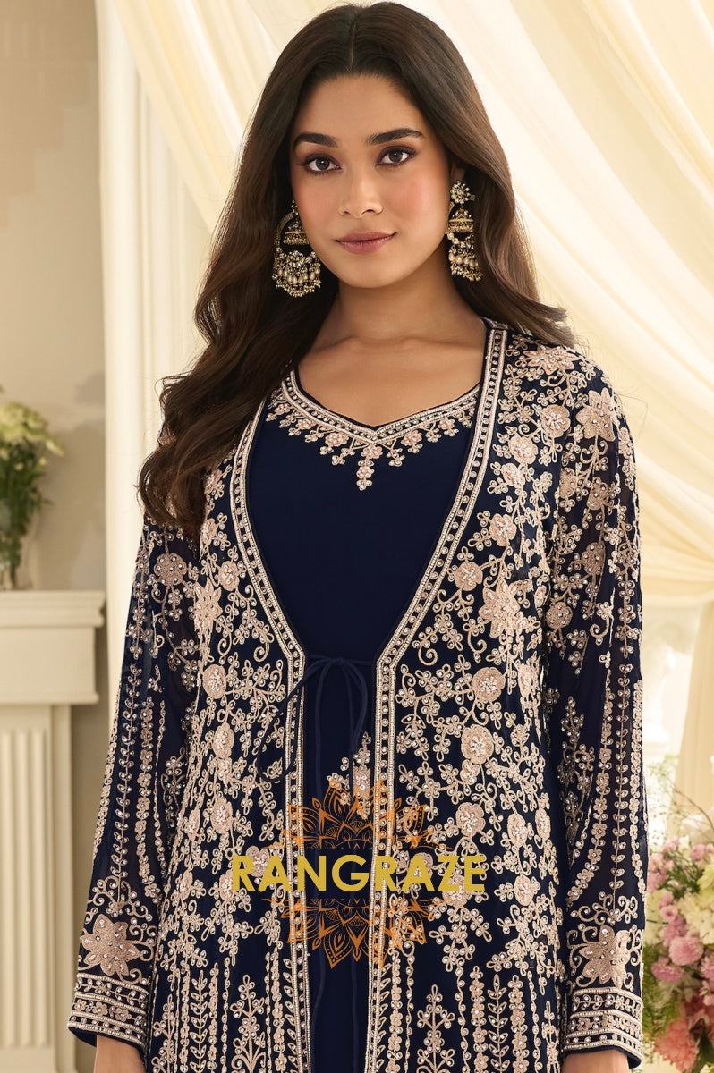 Navy Blue Premium Chinon Embroidered Anarkali Set
