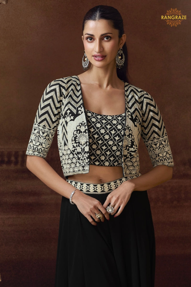 Noir Ivory Embroidered Palazzo Jacket Suit Set