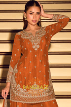 Festive Orange Premium Chinnon Silk Suit Set