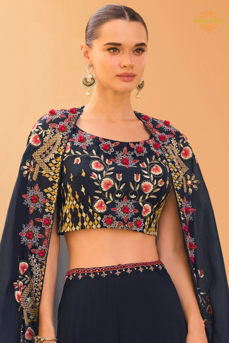 Navy Blue Floral Embroidered Shrug with Blouse and Palazzo Suit Set