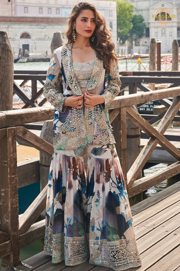 Grey Blue Abstract Floral Jacket Chinon Sharara Choli Suit Set